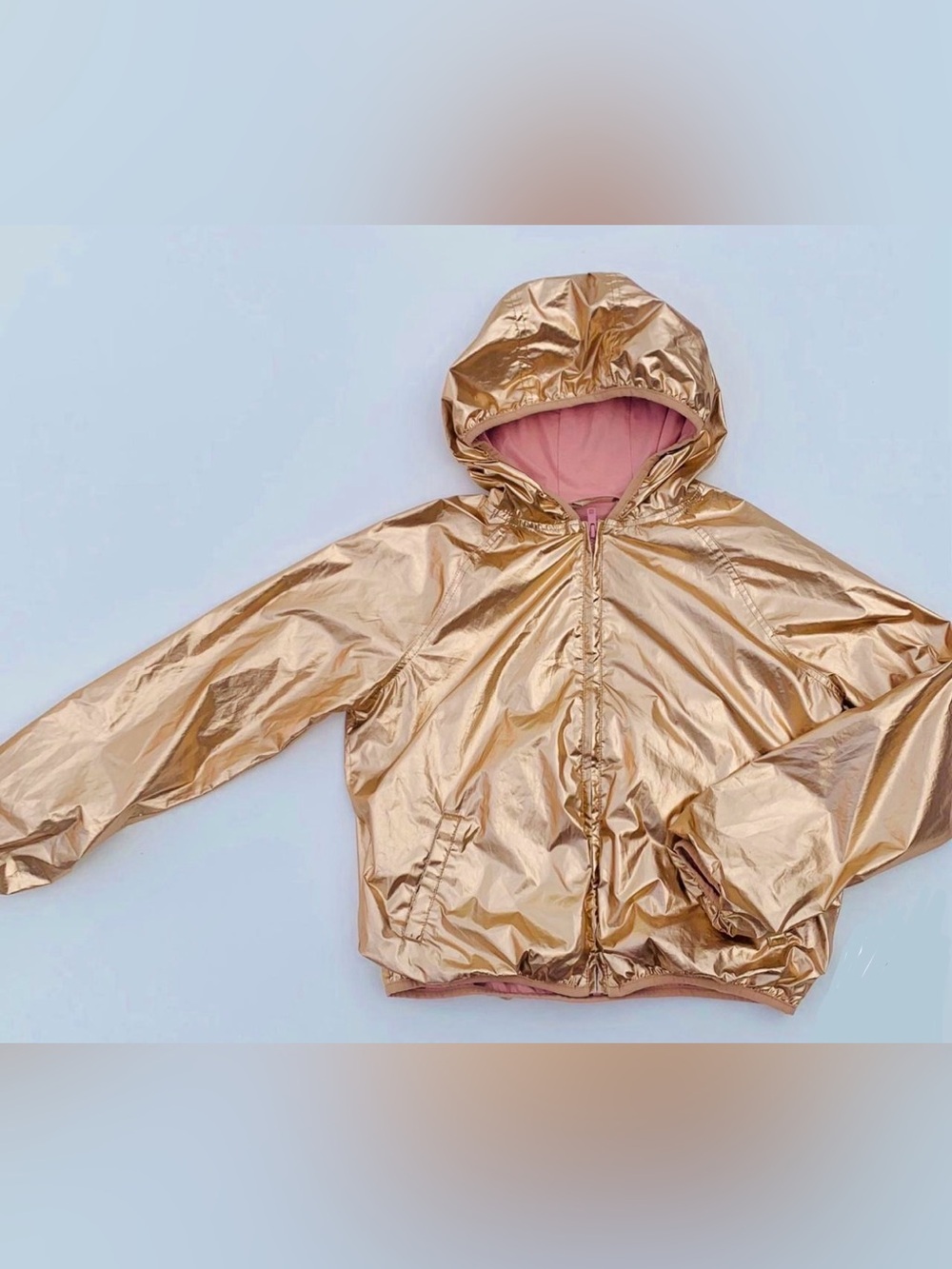 Gymboree Girls Shiny Gold Hooded Jacket Raincoat with Pink Lining - Sz Med 7-8